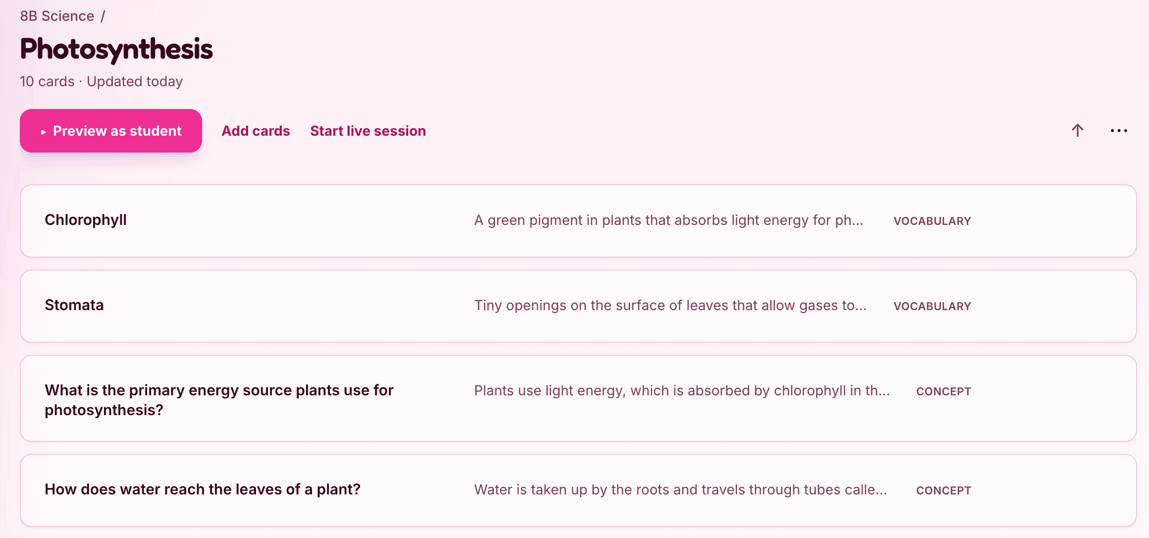 A Hippo deck: lesson material turned into ten reviewed flashcards with preview, add, and live session controls