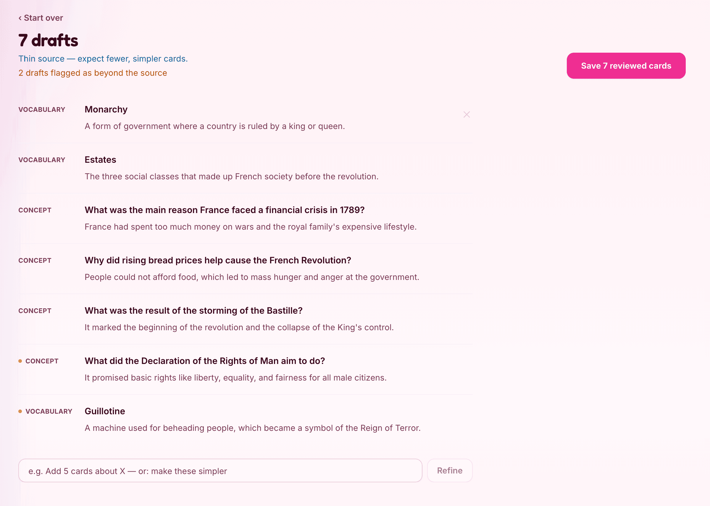 Hippo AI draft review screen with per-card approve and dismiss controls and drafts flagged as beyond the source