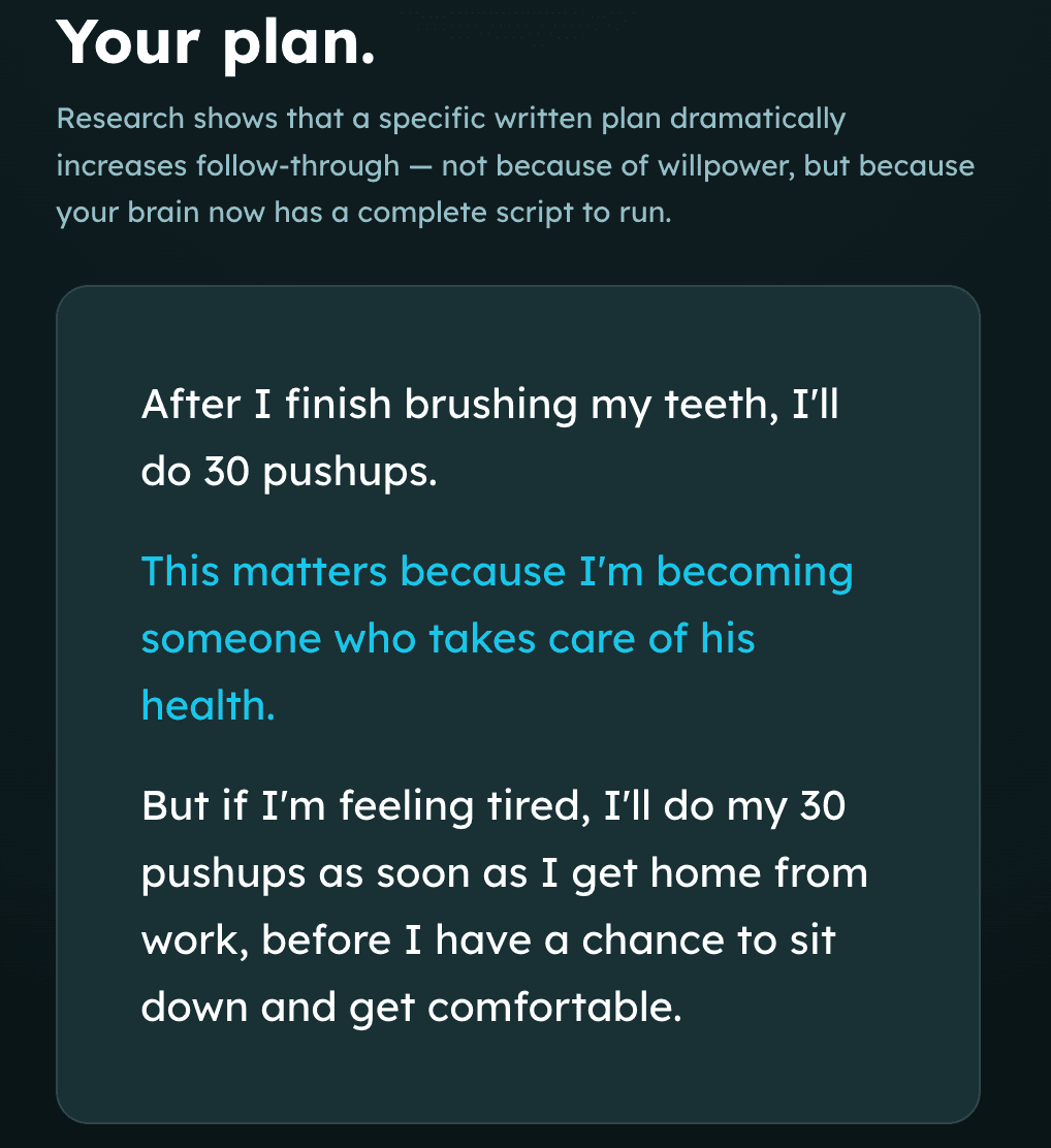 A student habit plan in Strive: after brushing teeth do 30 pushups, an identity line, and a backup plan for tired days