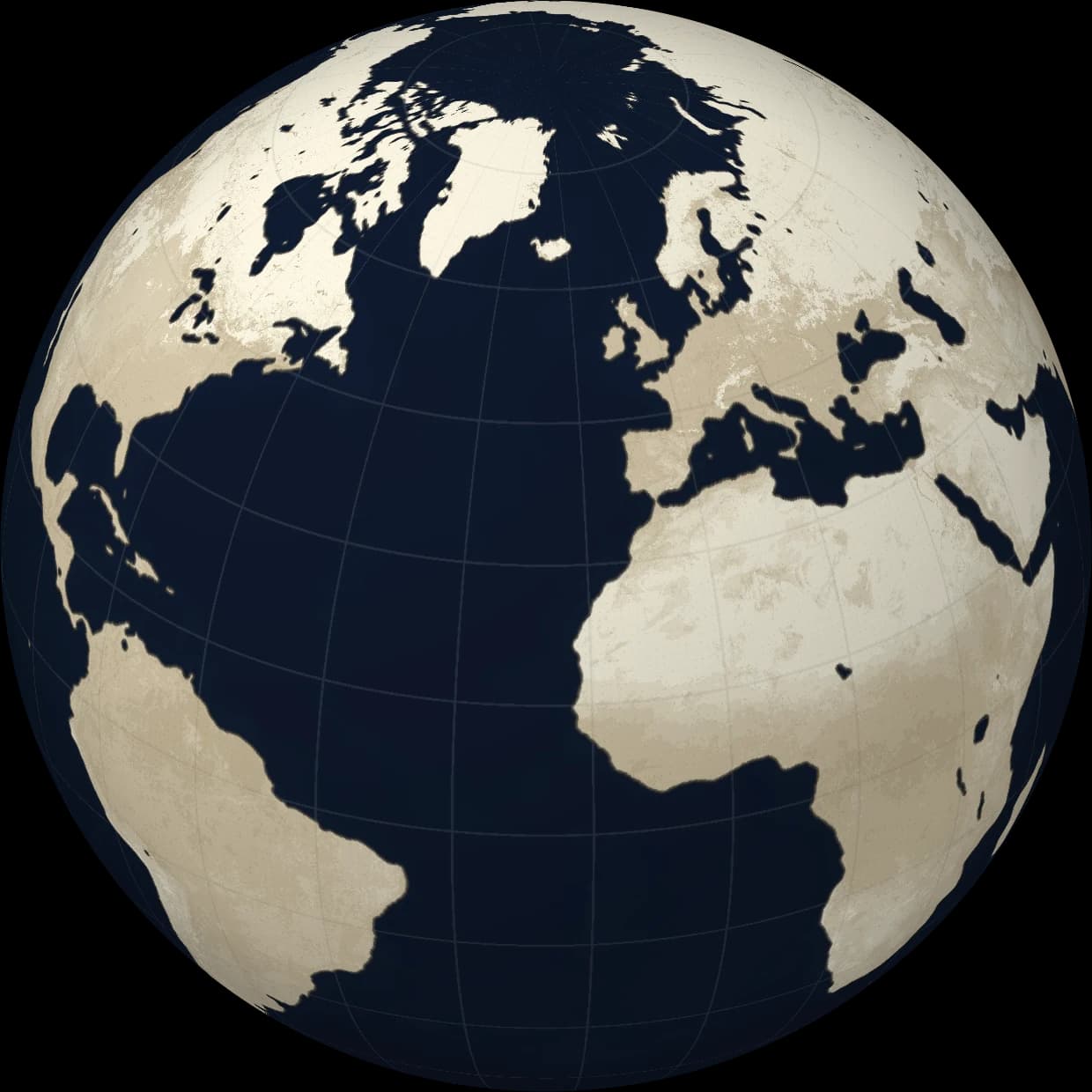 Static atlas globe centred on the Atlantic, with journey markers