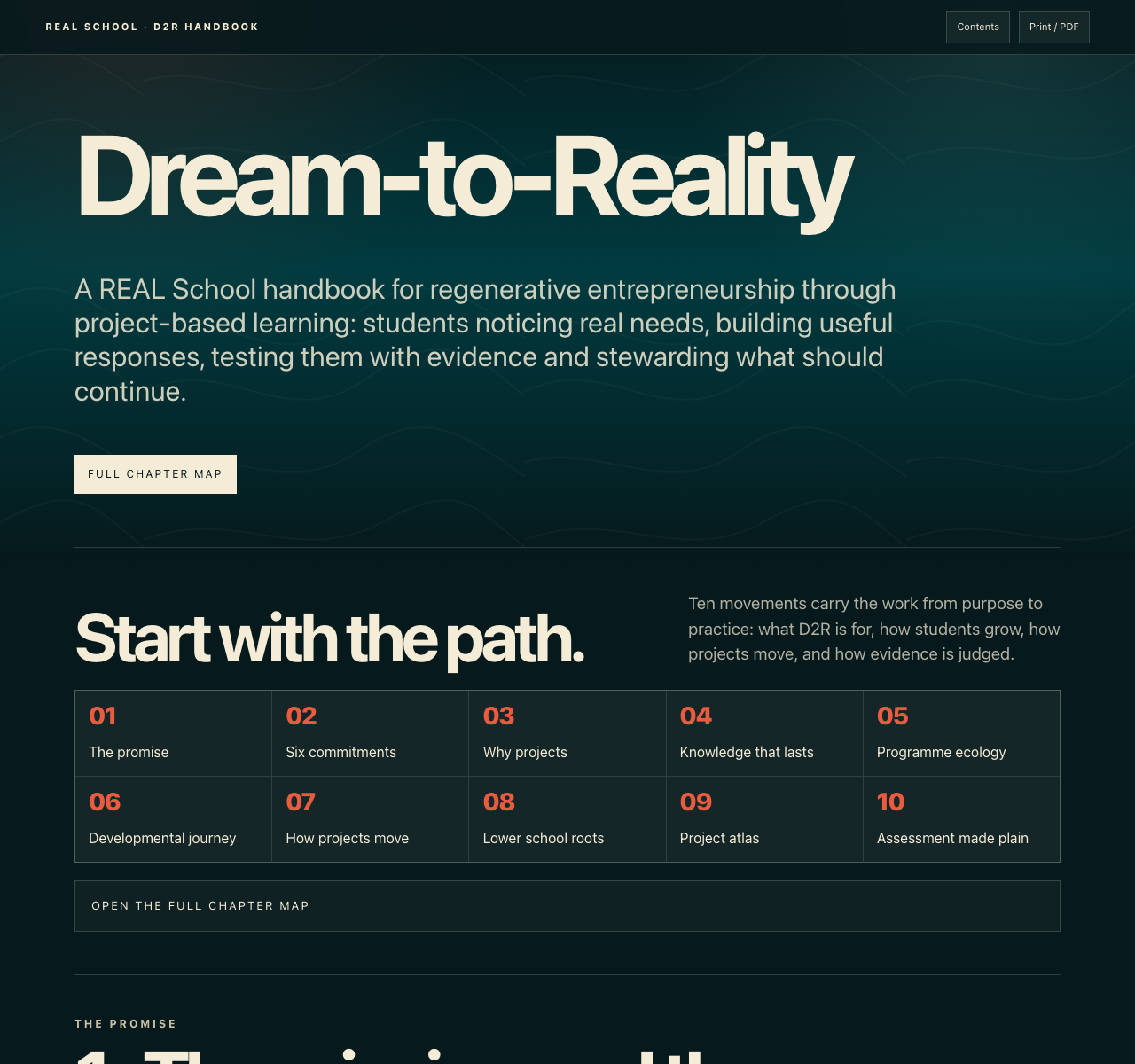 D2R handbook draft preview showing the Dream-to-Reality chapter map