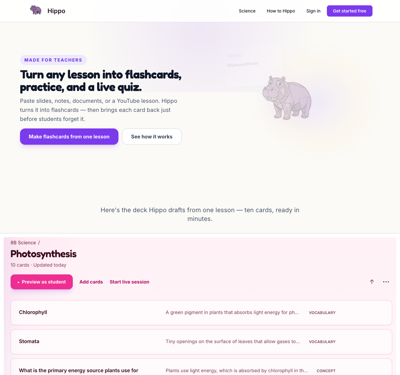 Hippo landing page showing the lesson-to-flashcards learning loop