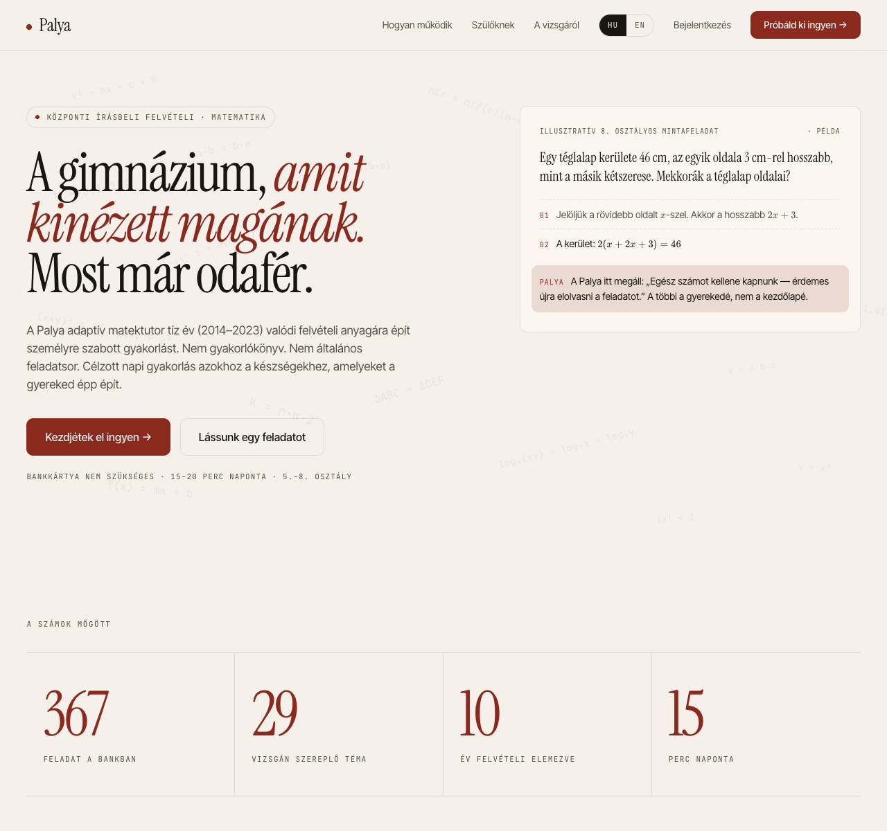 Palya landing page showing an adaptive Hungarian exam tutor