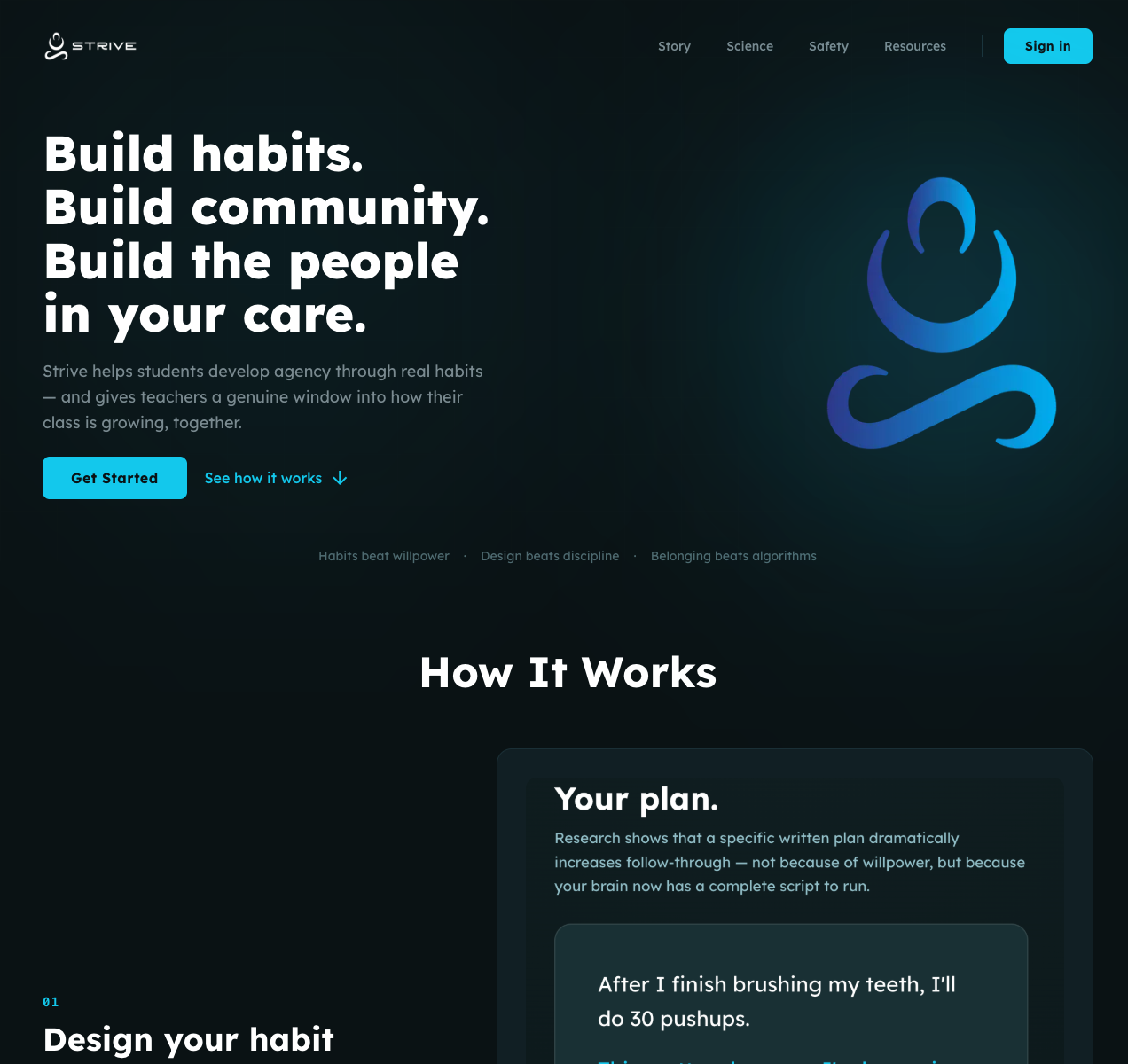 Strive landing page showing habit design and community learning